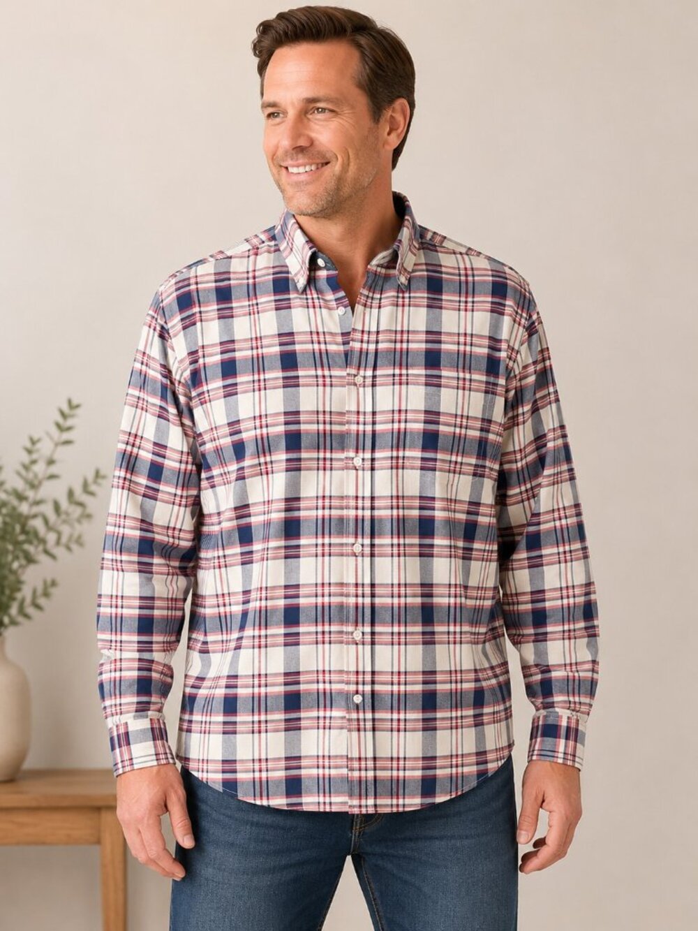 J.Crew Men's Plaid Button-Down Shirt LT Tall 100% Cotton White Blue Red Classic